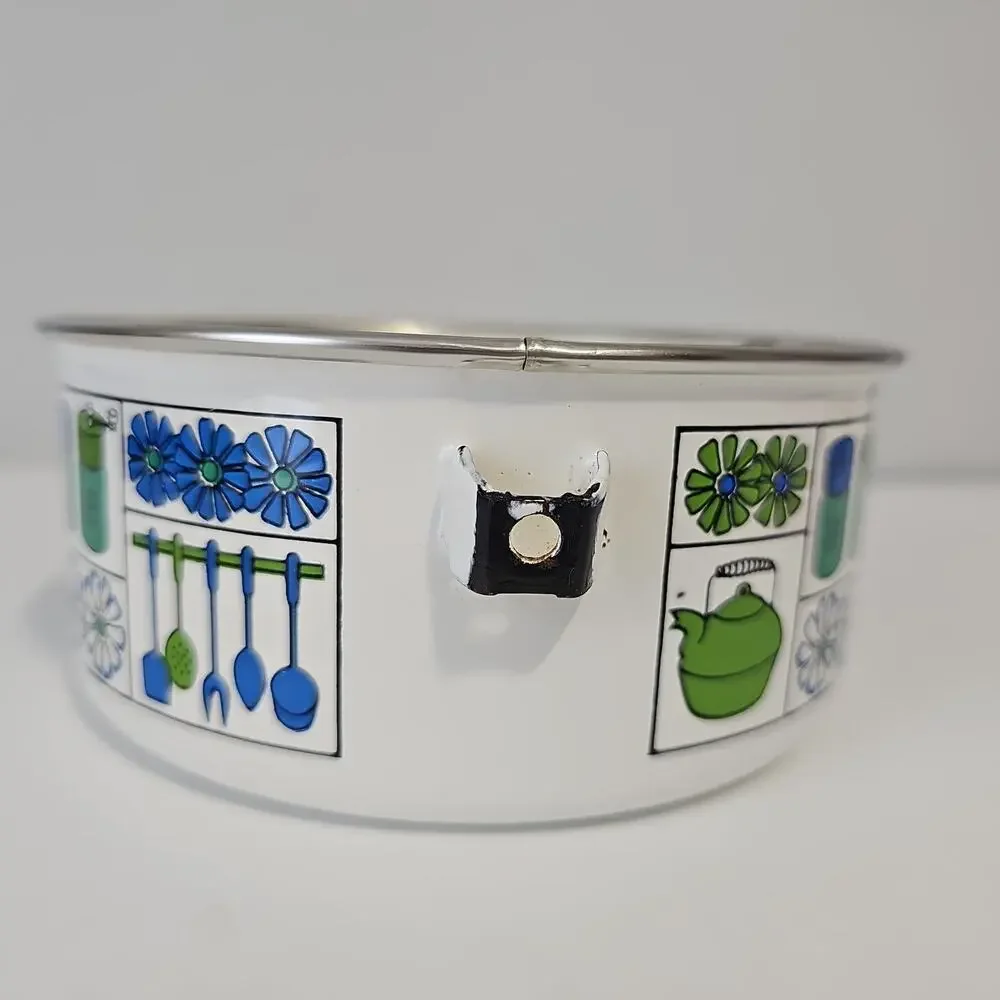 vintage MCM Enamelware Pot Retro 70s Fower Power Cookware Green Blue